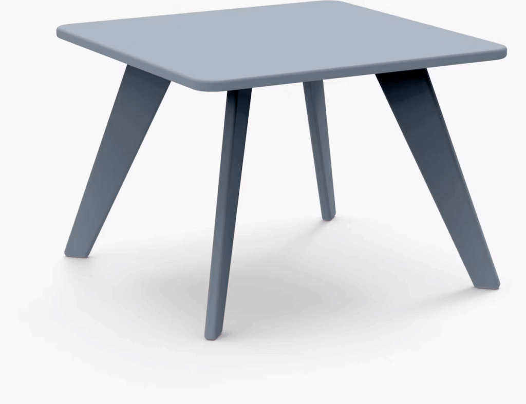 Modern square table with angled legs in a soft blue color, designed for outdoor use.