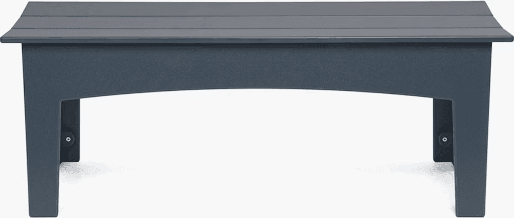 Modern outdoor coffee table with a slatted top design in a dark gray color, featuring sturdy legs.