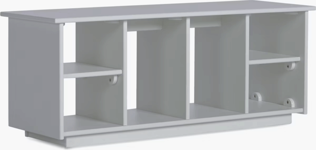 Minimalist white cabinet with multiple shelving compartments for storage.