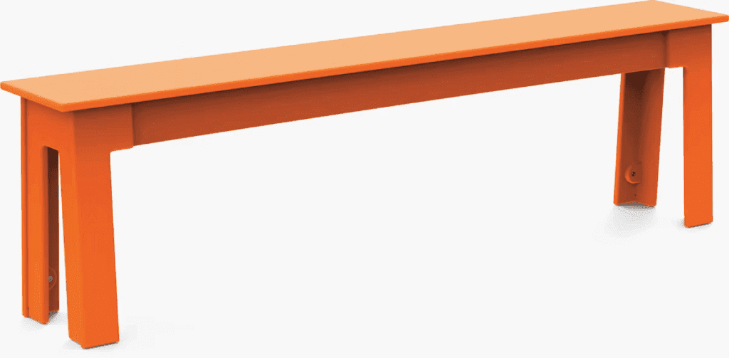 Vibrant orange outdoor bench with a minimalistic design.