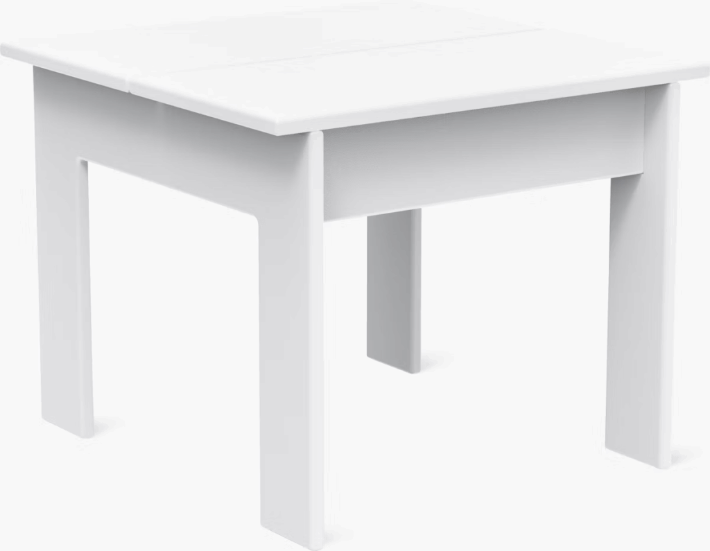 A simple white outdoor table with four sturdy legs and a smooth top design.