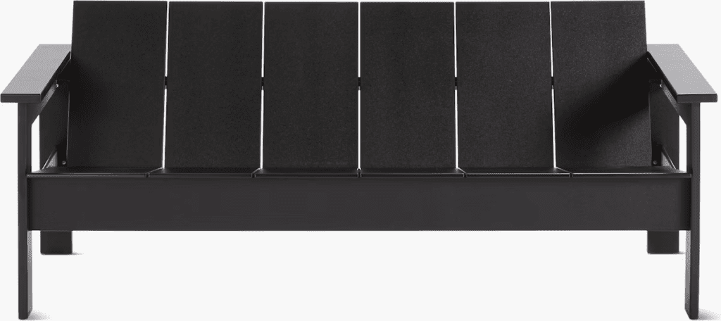 Modern outdoor bench with a sleek black design, featuring a slatted backrest and armrests.