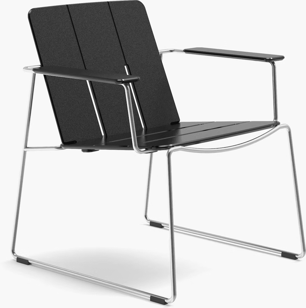 Modern black outdoor chair with a sleek design featuring a metal frame and slatted seat and backrest.