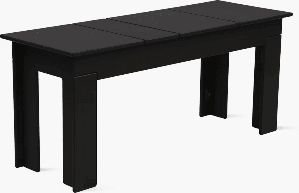 Modern black outdoor table with a sleek design, featuring three panels on the top and sturdy legs.