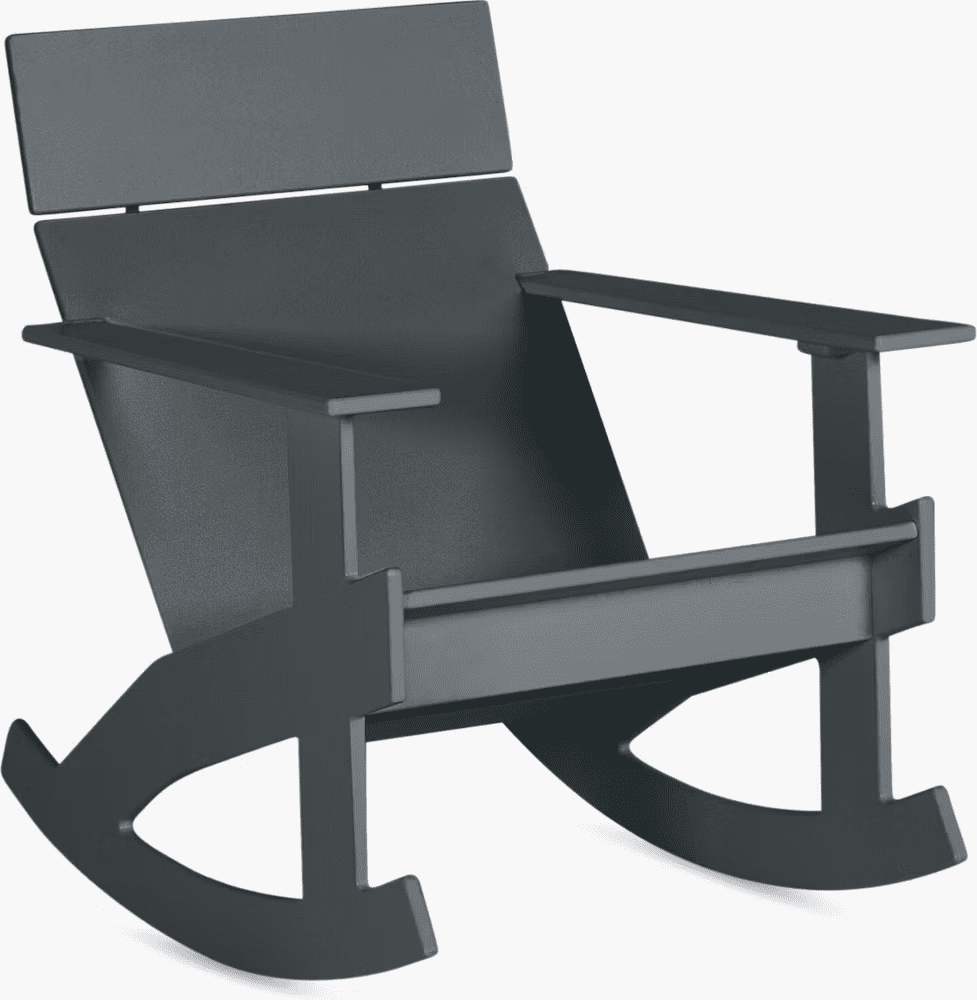 Modern gray rocking chair with a minimalist design, featuring a slatted backrest and armrests.