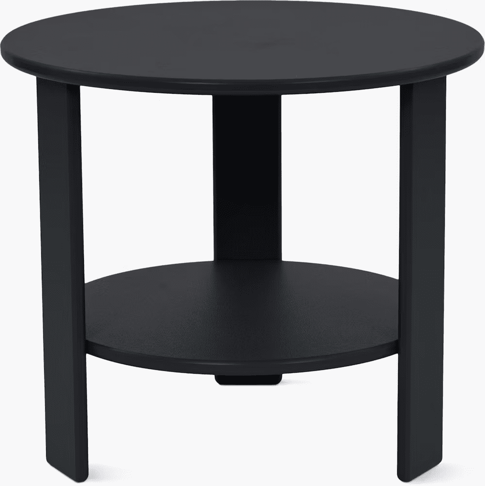 Black round side table with a lower shelf, designed for modern outdoor or indoor spaces.