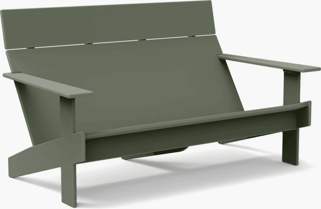 Modern outdoor bench in a muted green color, featuring a simple and minimalist design with a high backrest and armrests.