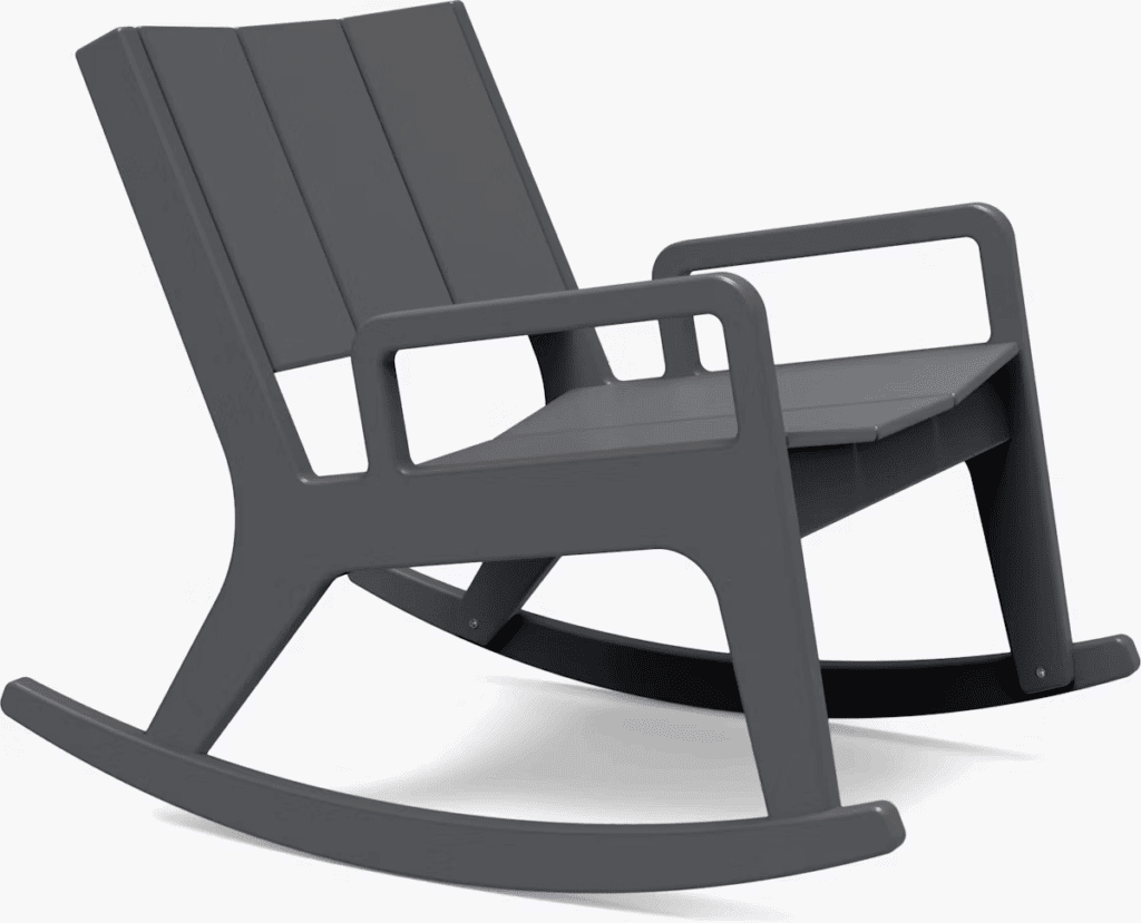 Modern gray rocking chair with a minimalist design, featuring slatted seat and backrest, suitable for outdoor use.