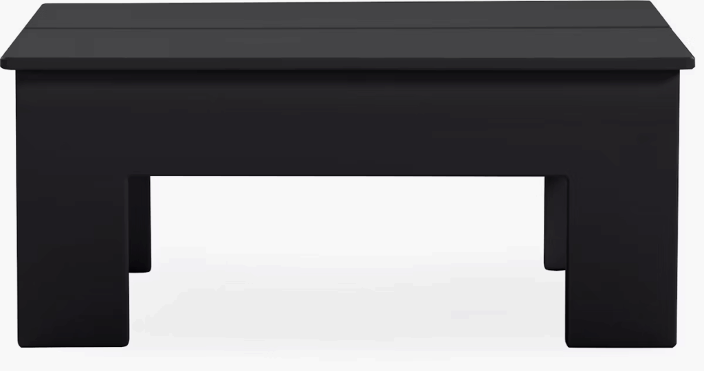 A sleek black outdoor coffee table with a modern design, featuring a flat top and sturdy rectangular legs.