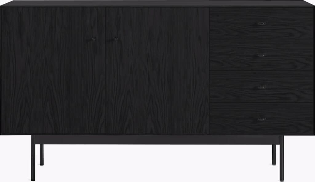 A modern black sideboard with two doors and four drawers, featuring sleek lines and a minimalist design.