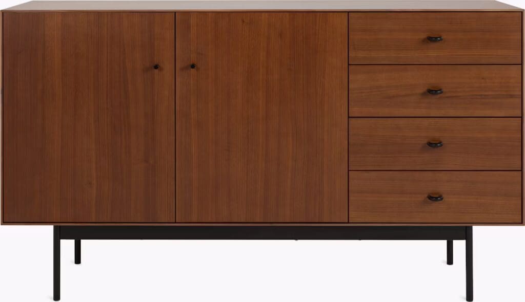 A modern wooden sideboard with two cabinet doors and four drawers, featuring a sleek design and black legs.