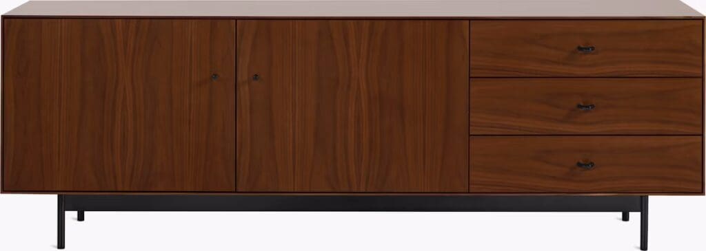 A modern wooden sideboard with a sleek design featuring two doors and three drawers, set on a black metal base.