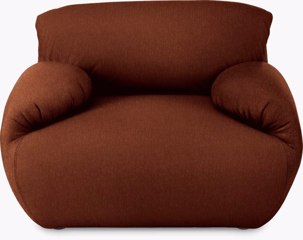 A plush brown armchair with rounded edges and soft cushions, showcasing a modern design.