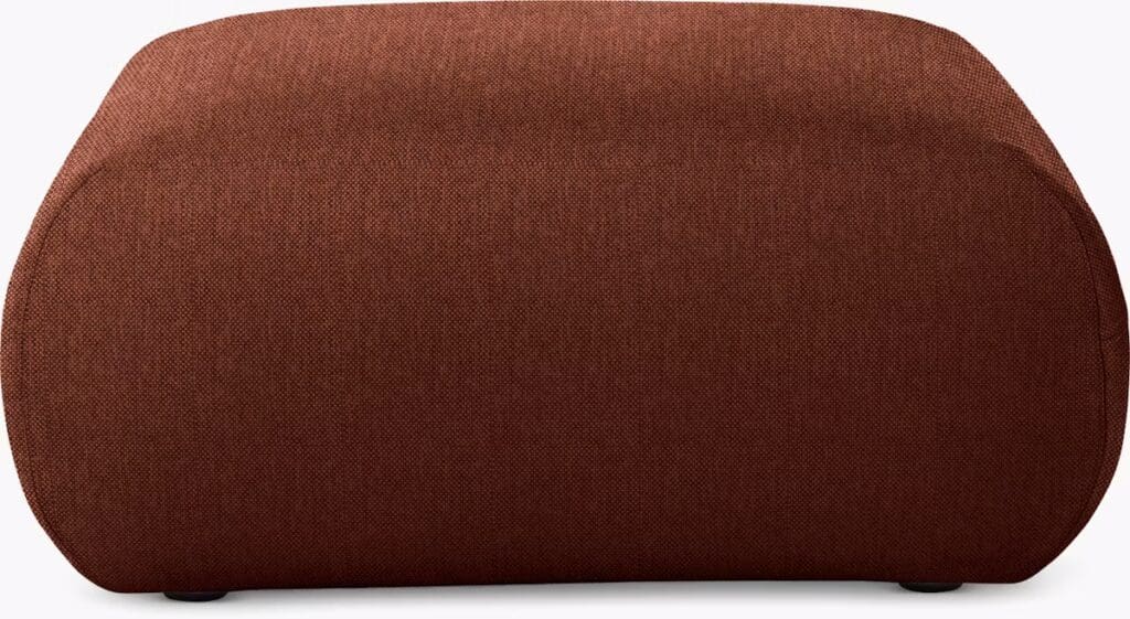 A rounded, modern ottoman upholstered in a rich brown fabric with a textured surface.