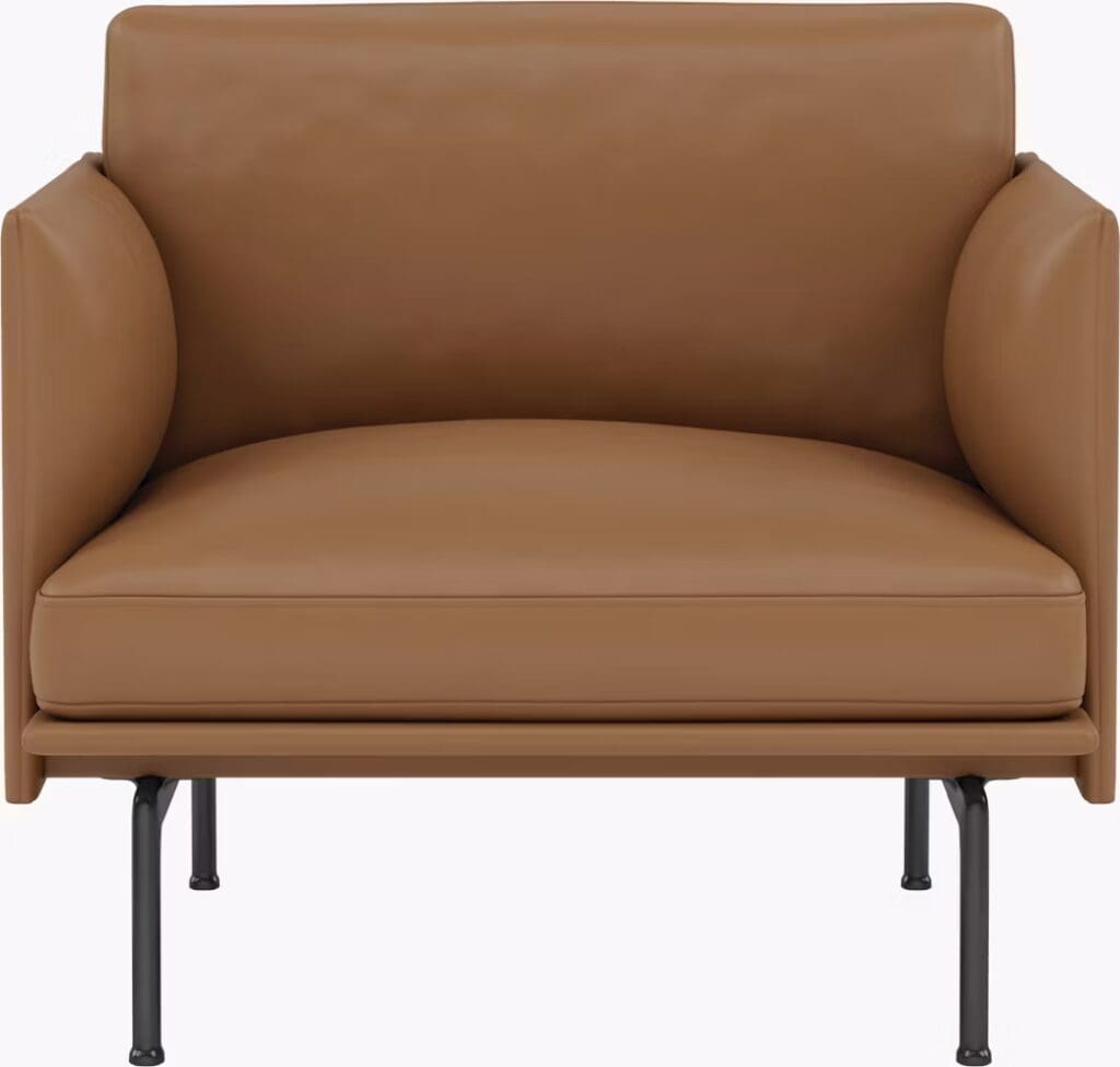 A modern brown leather armchair with a minimalist design, featuring rounded armrests and sleek metallic legs.