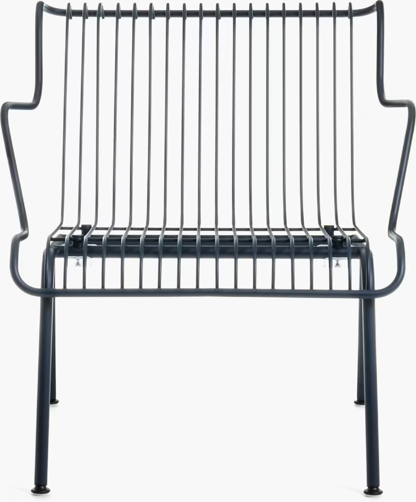 Modern metal bench with horizontal slats and curved armrests, designed for outdoor use.