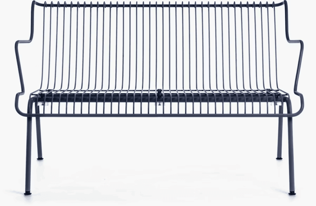 Modern outdoor loveseat with a sleek, minimalist design, featuring vertical metal slats and thin legs.