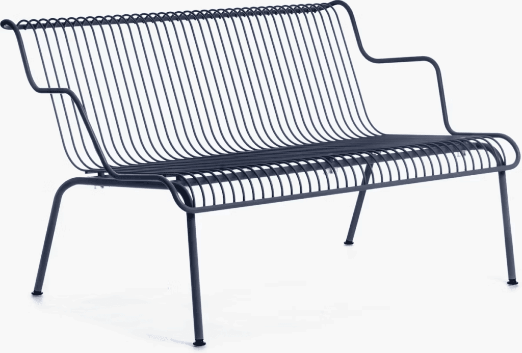 Modern metal bench with slatted design and armrests, presented in a dark color.
