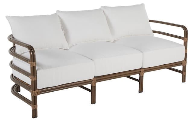 A modern outdoor sofa featuring a sleek metal frame with cushions in light fabric, designed for luxurious outdoor living.