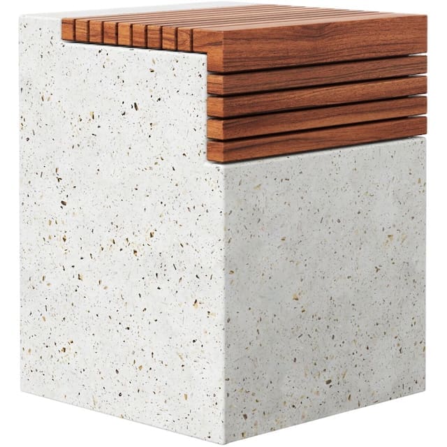 Stylish outdoor side table featuring a combination of textured concrete and smooth wooden slats on top.