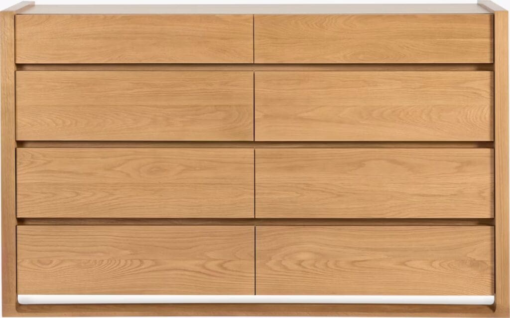 A modern wooden dresser featuring six horizontal drawers with a smooth surface and minimalist design.