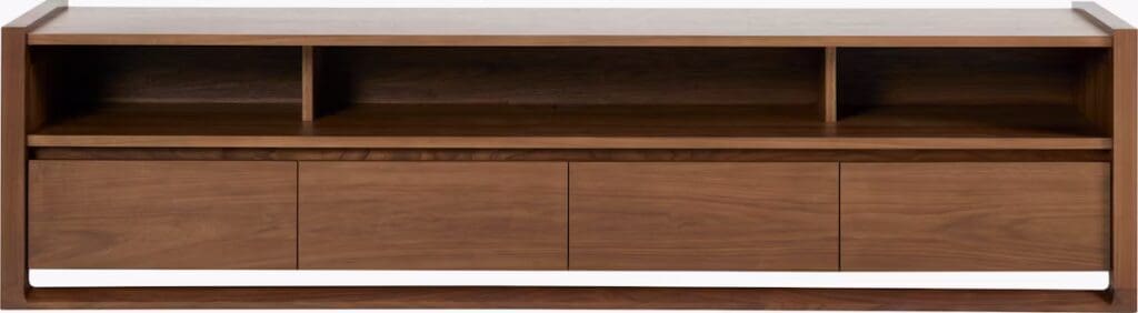 A modern wooden media console featuring multiple storage compartments and a sleek design.