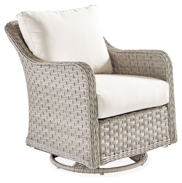 Comfortable outdoor swivel chair with a woven gray frame and white cushion.