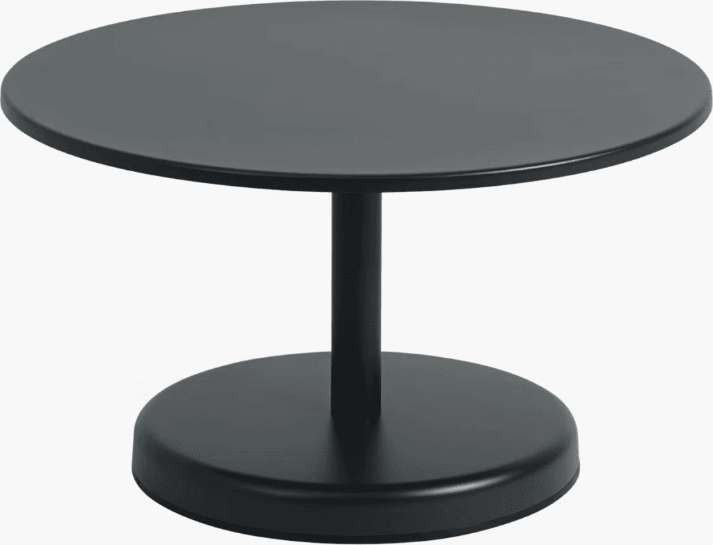 Modern round black coffee table with a pedestal base.