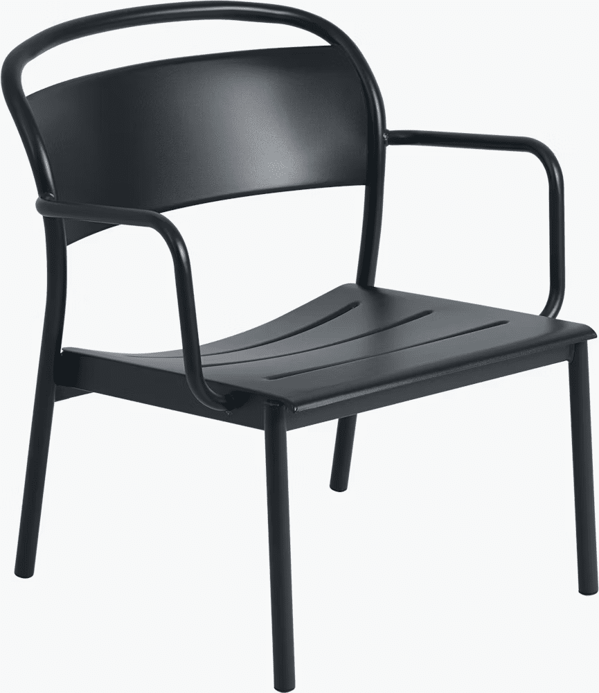 Close-up of a modern black metal chair with a curved backrest and armrests, designed for outdoor use.
