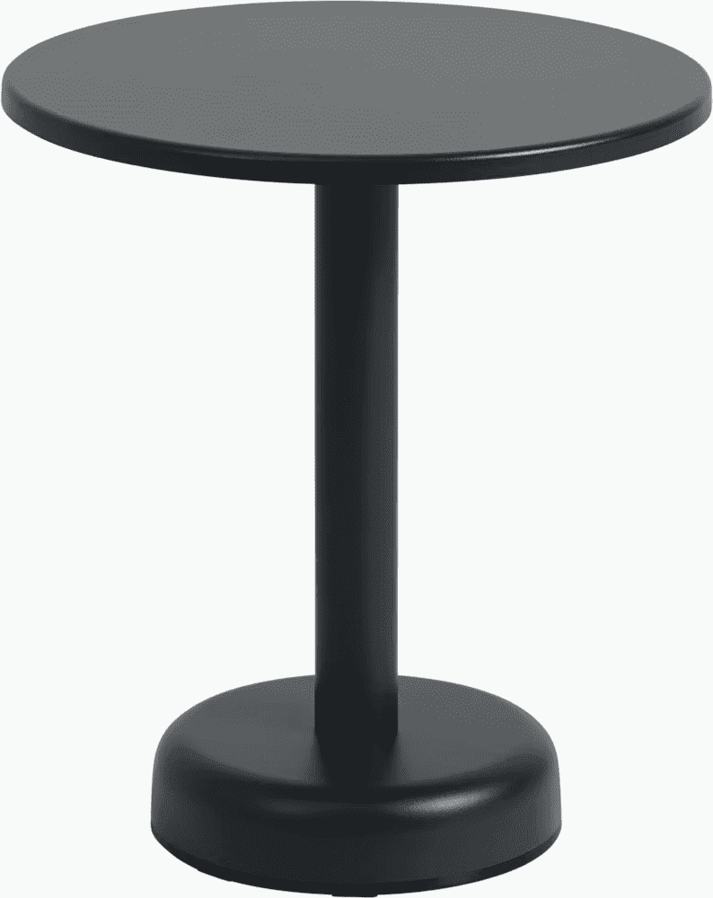 Circular black outdoor table with a sturdy base.