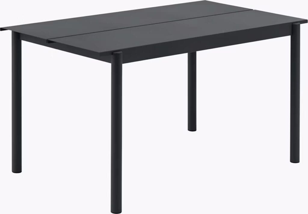 A modern, minimalist black table with a sleek rectangular top and four cylindrical legs.