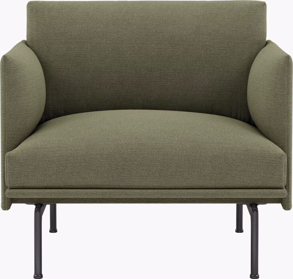 A modern green armchair with a rounded backrest and thick cushions, featuring slender black metal legs.