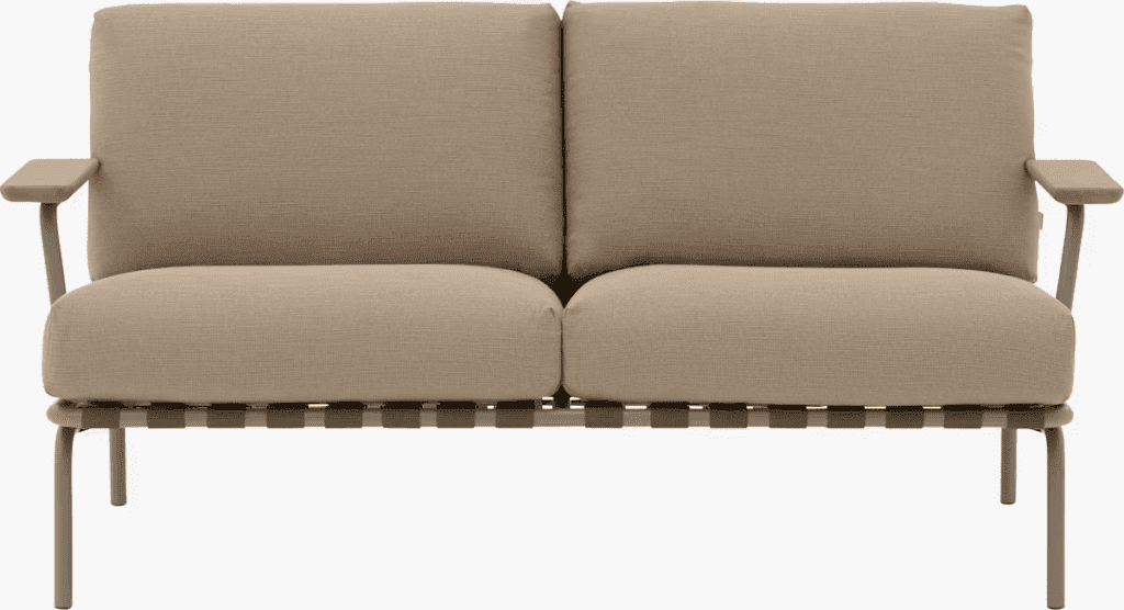 Modern beige outdoor loveseat with wooden armrests and a minimalist design.