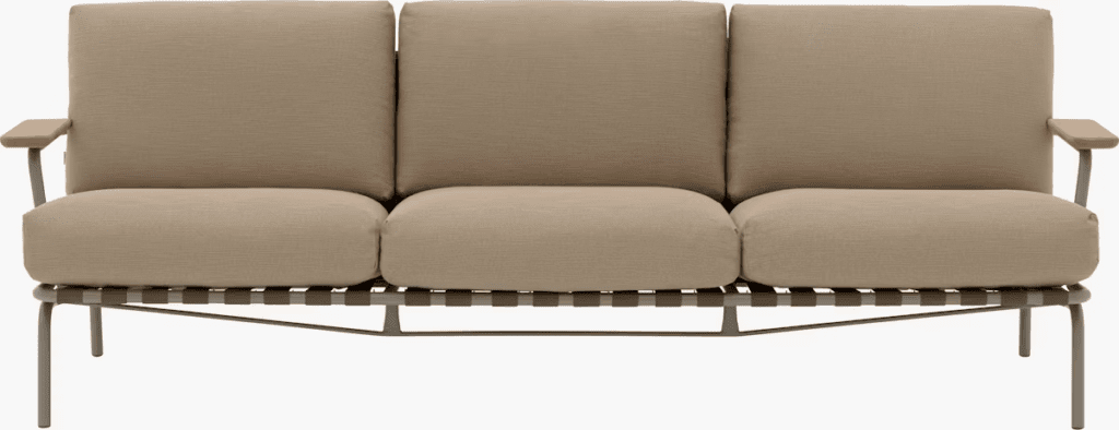 Modern outdoor sofa with beige cushions and a sleek metal frame, featuring wooden armrests.