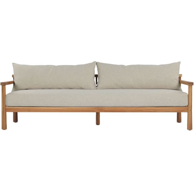 Modern outdoor sofa with a natural wood frame and light beige cushions, ideal for relaxing in an outdoor living space.