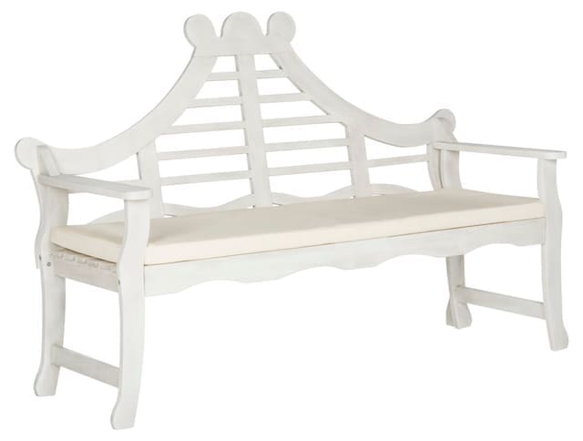 White wooden outdoor bench with a curved backrest and cream cushion, designed for comfort and style.