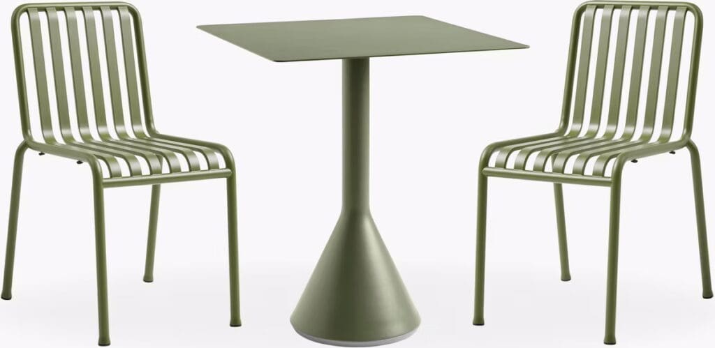 A modern green dining set featuring two striped chairs and a matching table, designed for outdoor or indoor use.