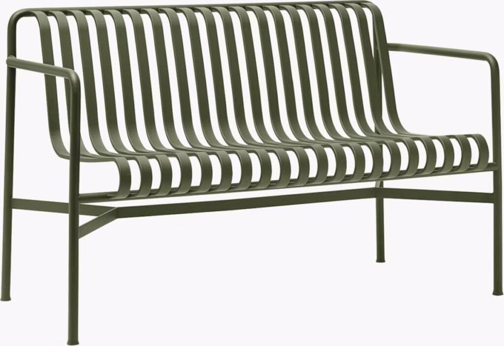 A modern, slatted green outdoor bench with a minimalistic design and sturdy metal frame.