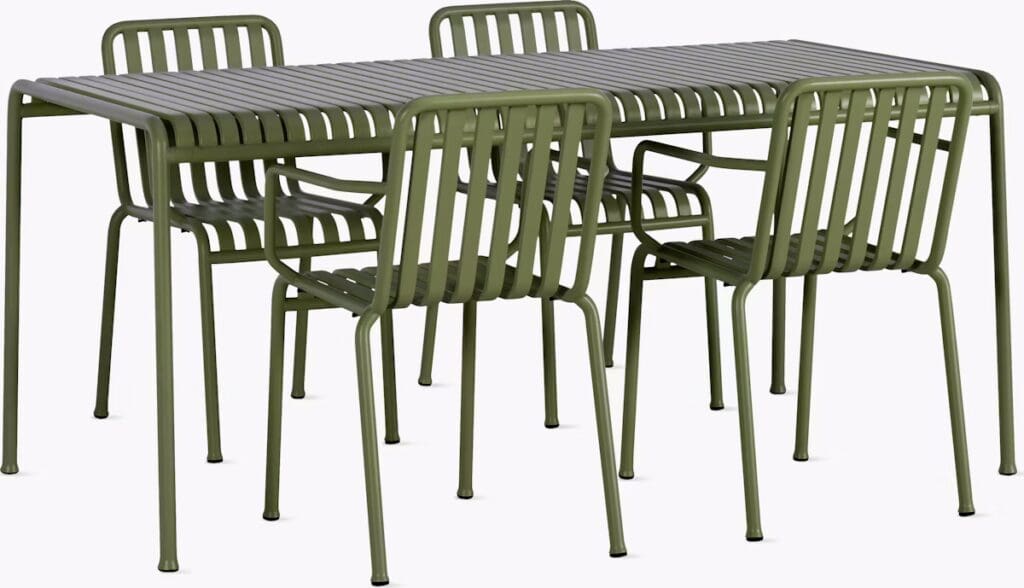 A modern dining set featuring a rectangular green table accompanied by four striped chairs, designed for outdoor use.