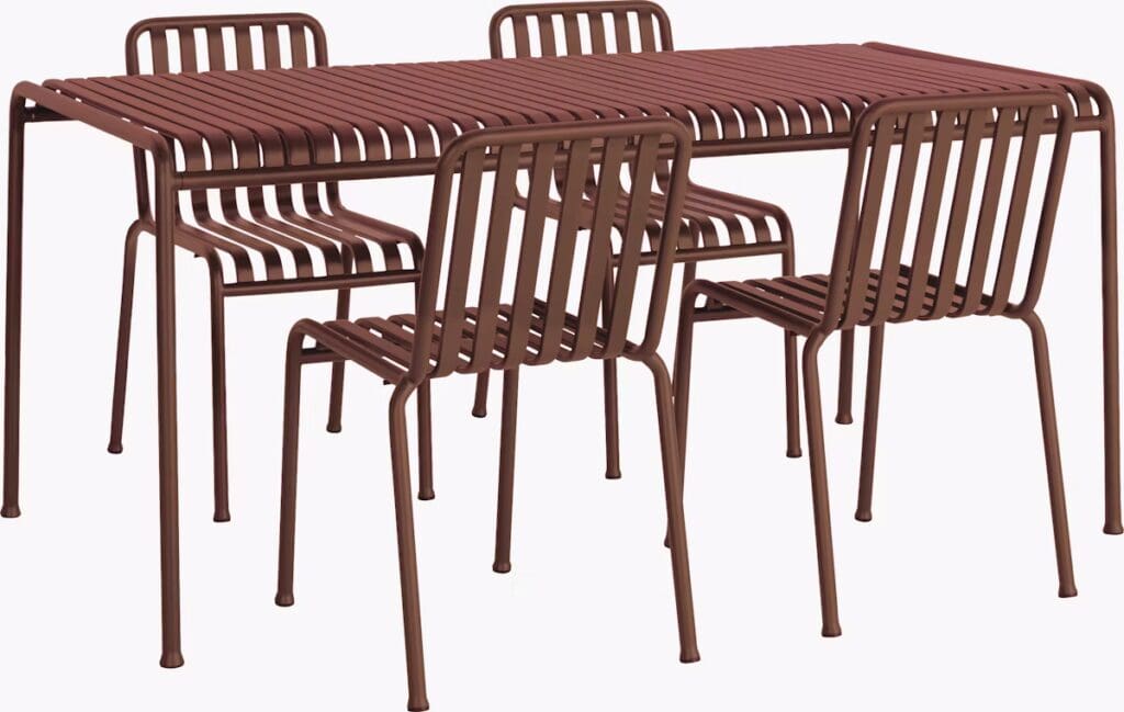 A modern outdoor dining set featuring a rectangular table with slatted design and four matching chairs, all in a rich brown color.