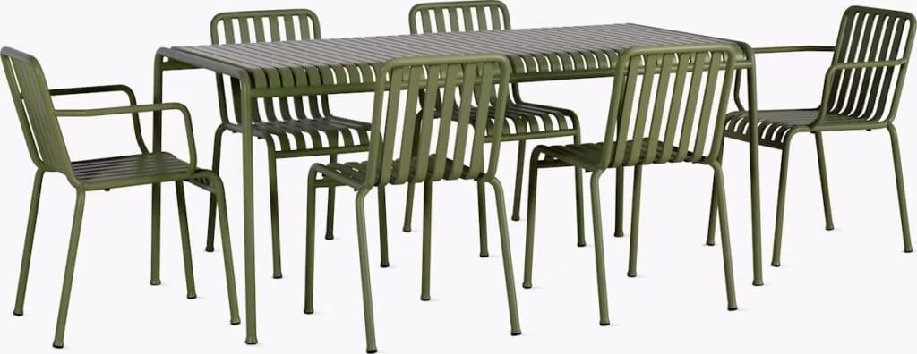 A green outdoor dining set consisting of a rectangular table and six matching chairs, designed with slatted metal construction.