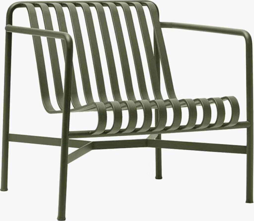 A modern green metal chair with a slatted design and armrests, suitable for indoor or outdoor use.