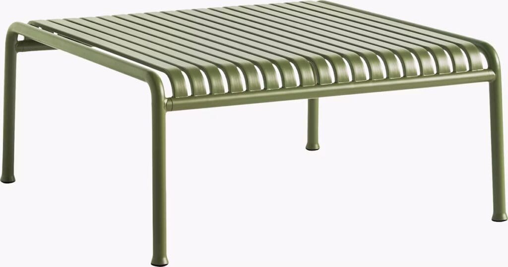 A modern green metal coffee table with a slatted design, featuring sturdy legs and a minimalist aesthetic.