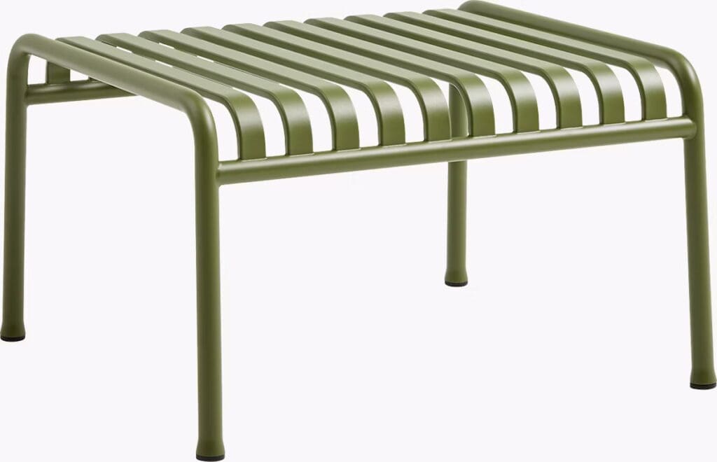 A contemporary green metal coffee table with a slatted top design, suitable for outdoor or indoor use.