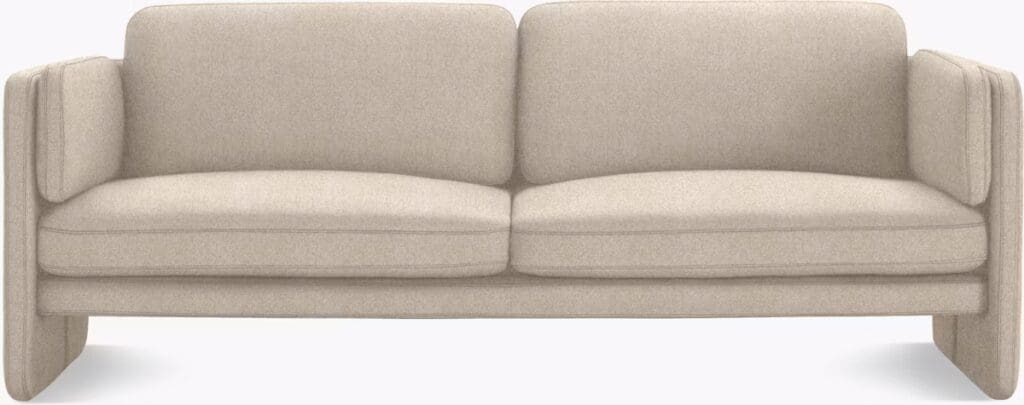 A modern beige sofa with a minimalist design featuring clean lines and plush cushions.