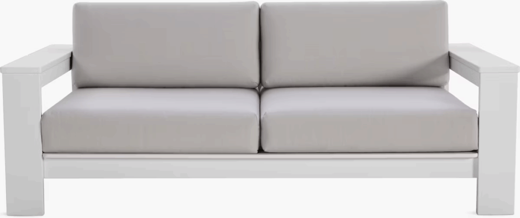 Modern outdoor sofa with a sleek white frame and light gray cushions, designed for luxury relaxation.