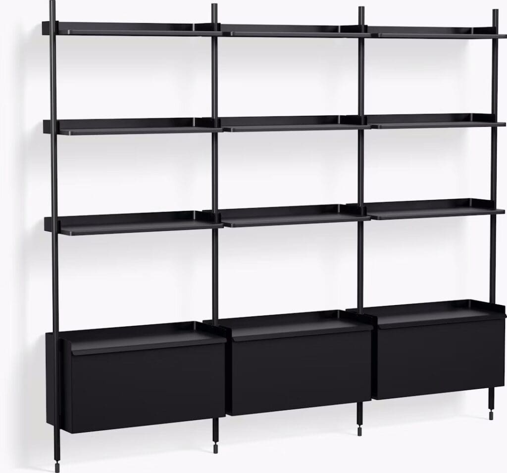A black shelving unit with multiple shelves and two storage bins integrated at the bottom.