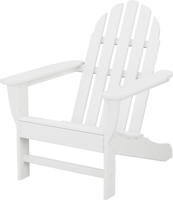 White Adirondack chair with a classic design, ideal for outdoor relaxation.