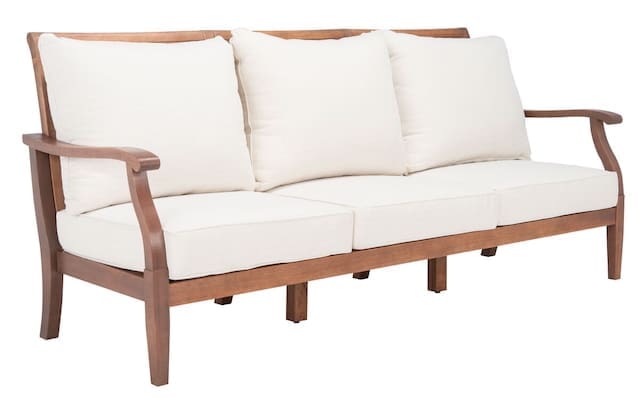 A modern wooden outdoor sofa with white cushions, designed for comfort and style.
