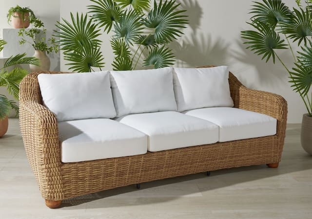 Woven outdoor sofa with white cushions in a tropical setting with potted plants in the background.